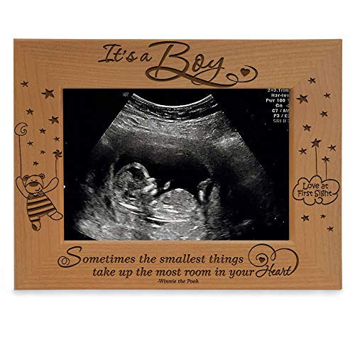 Image of KATE POSH Baby Engraved Wood Picture Frame - Sometimes The Smallest Things take up The Most Room in Your Heart - Winnie The Pooh Sonogram Picture Frame, New Mom, New Dad (3 1/2 x 5 - It's a Boy)