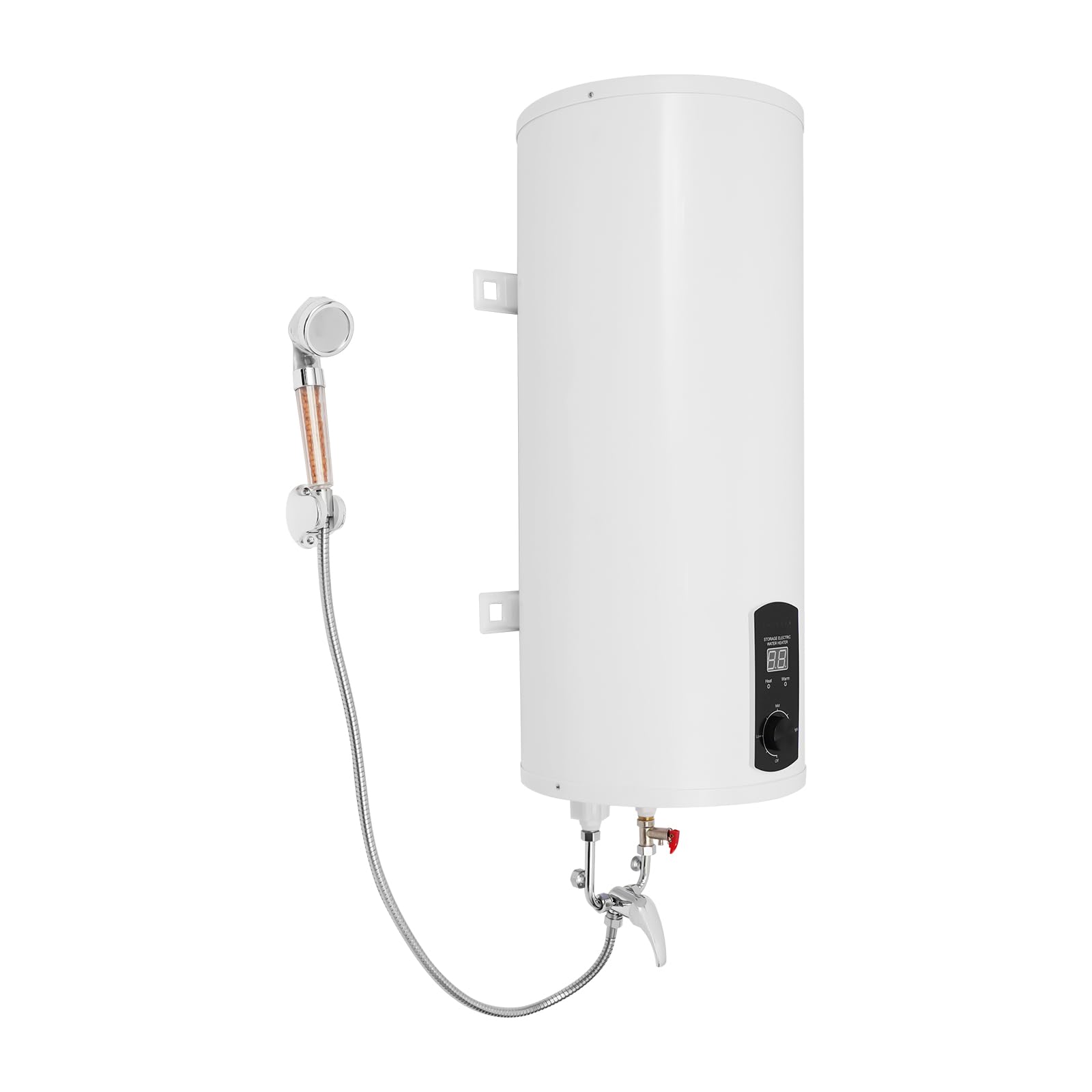 Scaldabagno 60 l, 2000 W, indicatore di temperatura, 25-75 °C, bianco | Con doccetta, rubinetto e 3 tubi, montaggio a parete verticale, connettore G1/2 e spina UE per bagno, cucina e salone