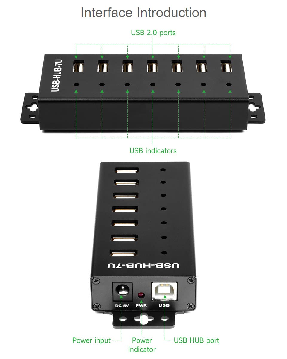 Waveshare HUB USB di grado industriale che estende 7 porte USB 2.0 stabili e affidabili Prestazioni robuste e durevoli con una varietà di funzioni di protezione