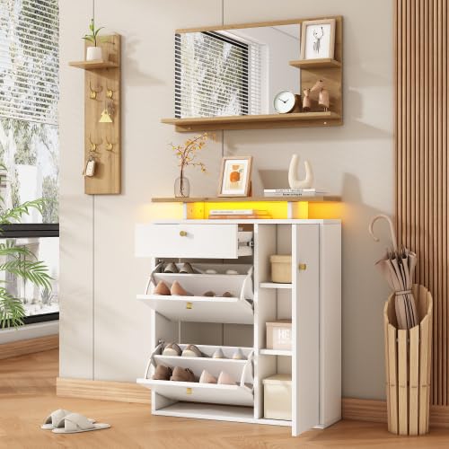 Set di 3 appendiabiti, con illuminazione a LED, specchi, cappelli e scarpiera, con 4 ganci, naturale/bianco, 105 x 25 x 151,5 cm, per corridoio, ingresso