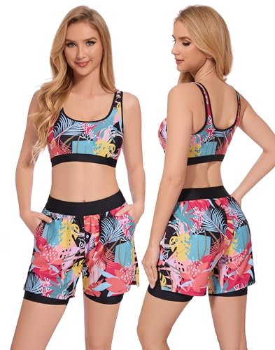 Rash Guard for Women 3 Piece Swimsuits Long Sleeve Bathing Suit with Boyshorts and Bra Ladies Swim Over 50 UPF 50+2