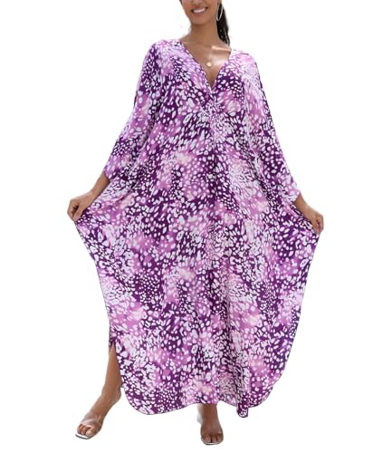 Image of IMAGEKOPE Women's Plus Size Animal Print V-Neck Batwing Kaftan Beach Dress Bathing Suit Cover-Up Loungewear