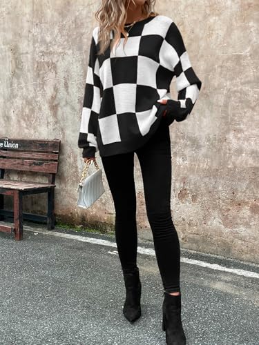 Image of SHENHE Women's Checkered Color Block Oversized Sweater Plaid Crew Neck Drop Shoulder Pullovers Black Medium