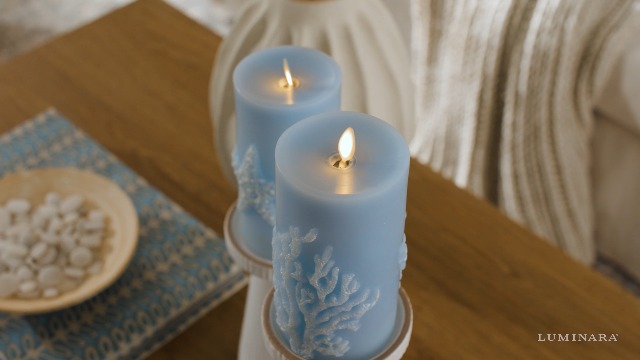 Image of Luminara Embossed Coral Flameless LED Candle Moving Flame Pillar, Unscented Real Wax with Recessed Edge 3 inch x 6.5 inch (Soft Chambray)