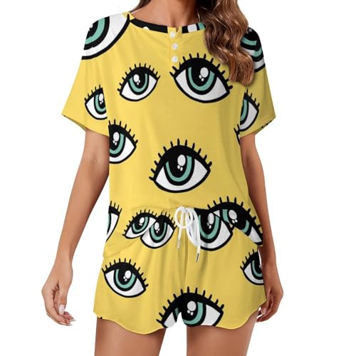 Pyjama femme manches courtes motif oeil ensemble fluide nuit été