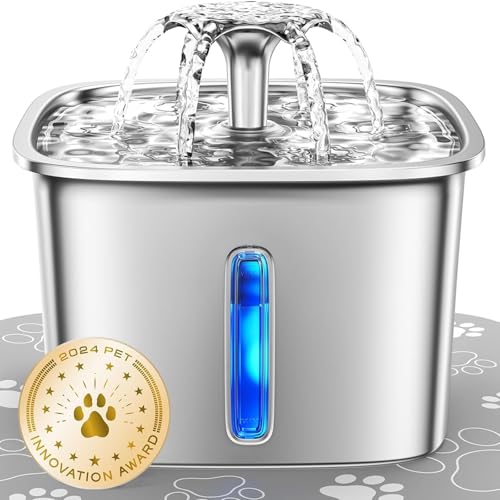 ステンレススチール製猫用ウォーターファウンテン、2.6L自動ペットファウンテン犬用ウォーターディスペンサー、交換用フィルターとシリコンマット付き、猫、犬、複数のペット用