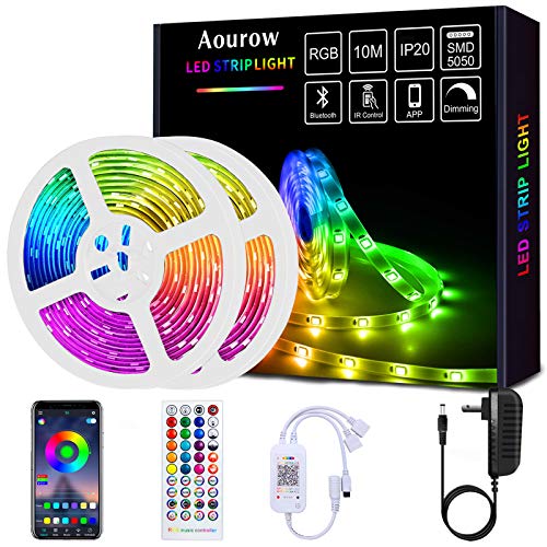 Aourow LED Strip 10m(2x5m) Zelfklevend,Bluetooth LED Strip RGB met APP Bediening en 40 Toetsen Afstandsbediening,Synchroniseren met Muziek,SMD5050 Lichtstrip voor Feest,Huis,Decoratie,Niet Waterdicht