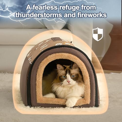 Jiupety Cozy Small Pet Dog House, 2 in 1 Puppy House, S Size for Cat and Puppy, Warm Cave Sleeping Nest for Cats and Dogs, S(14"×12"×11"), Up to 5 Lb, Brown - Image 3