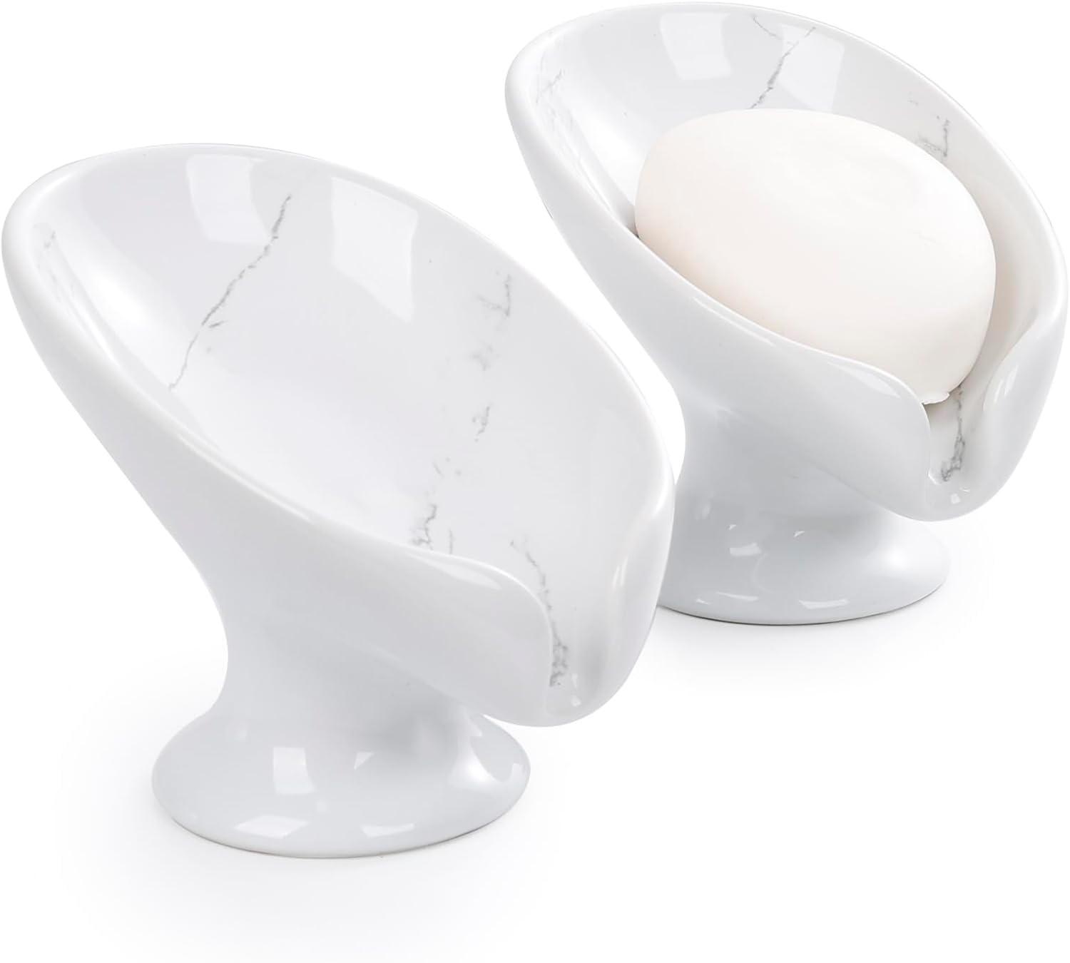 Soap Dish Set, Self Draining Bar Soap Holder for Bathroom Sink, Leaf Shaped Drainage Soap Dish Ceramic Marble Porcelain Decorative Soap Dishes 2PCS, No Suction Cup, ANTIS'S HOME