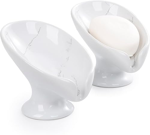 Miniatura 1 de Jabonera de cerámica, 2 unidades, con aspecto de mármol autodrenante, jaboneras en forma de hoja para baño, soporte para jabón de bar, fácil de