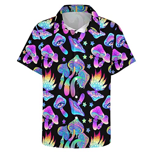 HUGLAZY Magic Mushrooms Hawaiian Shirts for Men, Psychedelic Button Up Shirt Rave Short Sleeve Tropical for Men L