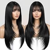 Diva Locks Black Wig with Bangs Long Black Wig for Women Synthetic Heat-Resistant Hair Layered Style Hair,Cosplay Natural for Daily & Party Use（#1Black 26 Inch）