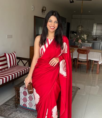 Image of Sidhidata Women's Soft Satin Flower Printed Saree With With Unstitched Blouse Piece (Pradhya Red Red Free Size)