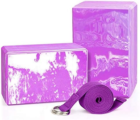 QF Yoga Blocks Plus Yoga Strap with Metal D-Ring, 9"x6"x4" 2 Pack Eco-Friendly EVA Foam Block - High Density Exercise Brick Soft Non-Slip Surface for Yoga, Pilates, Meditation, Workout, Fitness & Gym