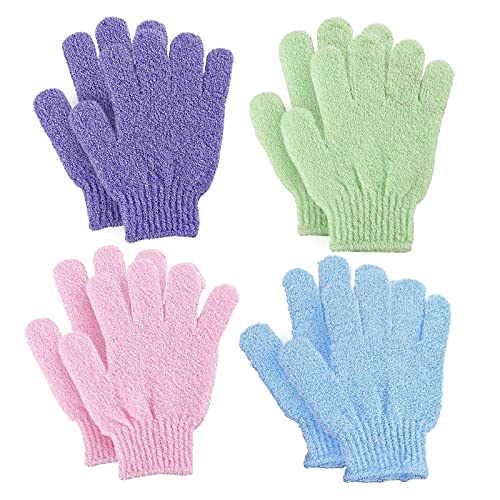 VEGCOO 4 Pairs Gants Exfoliants, Douche Bain Gants Double-face Gommage Corps Couleurs Assorties pour Hommes Femmes Enfants et pour la Douche/le Bain/le Spa/le Massage(4 couleurs)