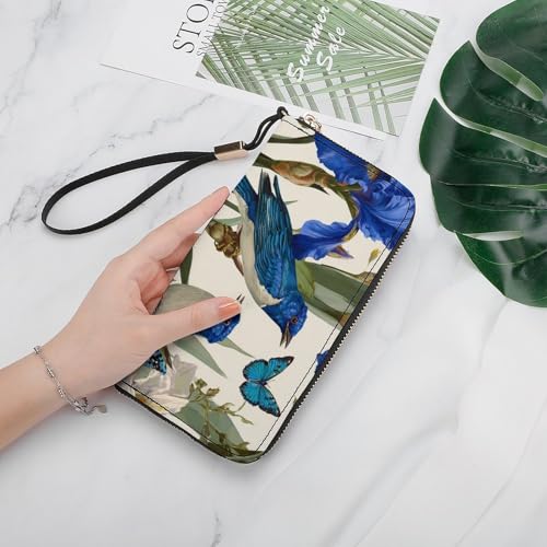 Botanical Blue Birds And Butterflies PU Leather Clutch Long Bifold Wallet, Coin Purse Credit Pass Case, Durable Card-Holder Money Storage for Women Men4