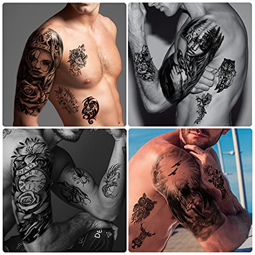 46 Sheets Full Arm Skull Temporary Tattoos For Men Half Arm Shoulder Angel Tattoo For Ladies Fake Waterproof Wolf Lion Stone Tattoo Stickers For Adult Or Kids #TOP4