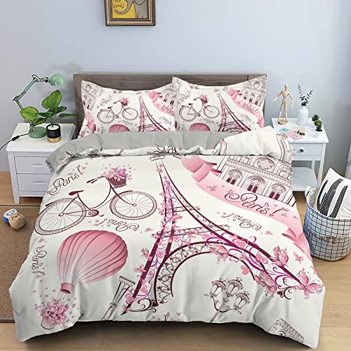 NDXRWDZR Funda Nordica Cama 90 Infantiles Torre Eiffel Rosa Edredón Cama 90 para Niñas Niños con Cremallera Microfibra de Suave Transpirable Fundas Nordicas 150x220 cm + 2 Fundas de Almohada 50x80 cm