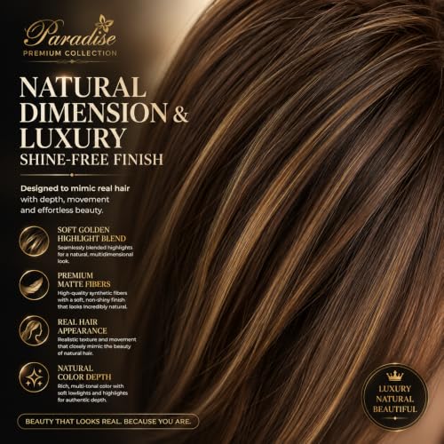 Image of Paradise Full Head Natural Hair Wig for Women Long Highlights 28'' Brown With Highlights Free Size With Adjustable Strap Includes 2 Wig Cap, 4 Wig Clips & 1 Carry Pouch
