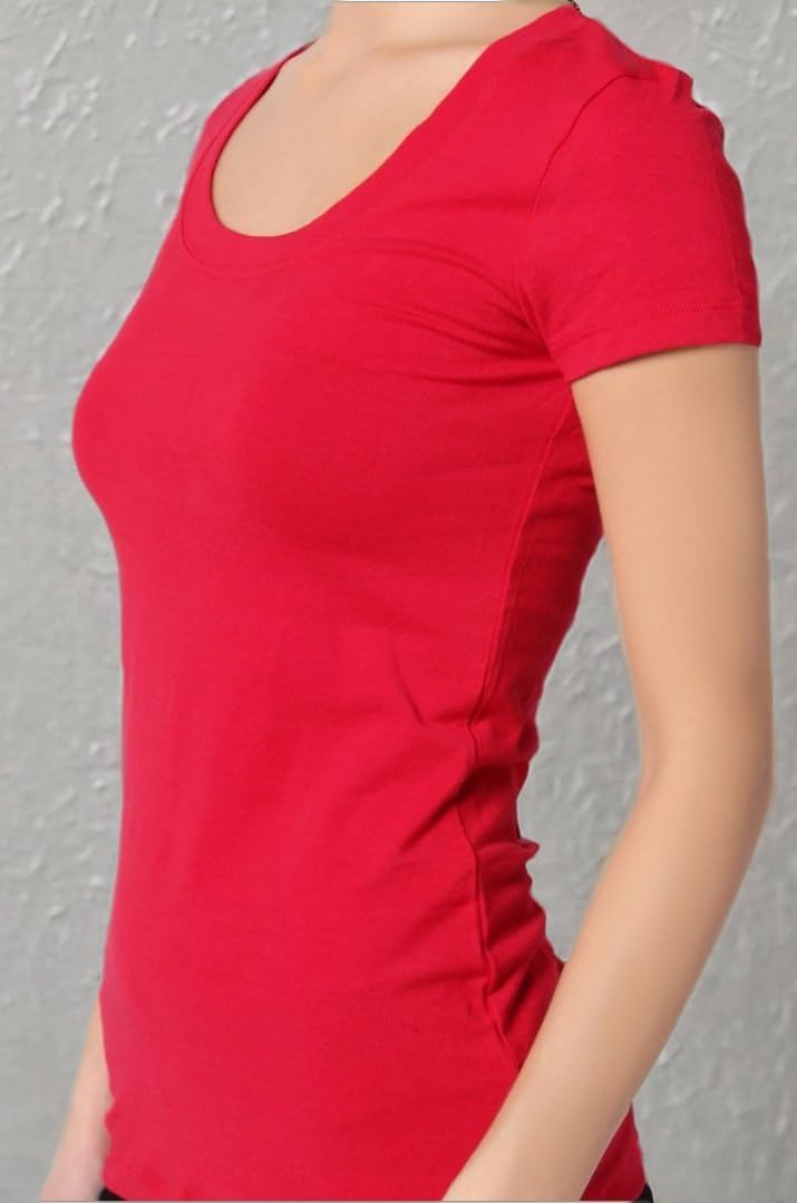 Active Basic Womens Plain Basic Deep Scoop Neck with Cap Short Sleeves - Red - Small - Image 3