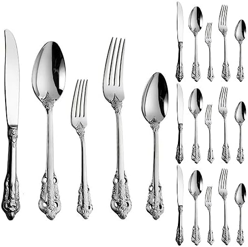 Cutlery Set Pieces Service Stainless Steel Titanium Flatware,Vintage Embossed Gold Flower Stainless Steel Silverware Cutlery Set for 4 People 20 Pieces (Gold Inlay)