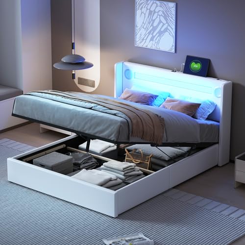 LAKFEW Camas Matrimoniales Cama 140x200 cm con USB y Luz LED, Cama Matrimonio con Reproductor Bluetooth y Almacenamiento Hidráulico, Camas Juveniles, Estructura Metálica, PU, Blanco, Sin Colchón