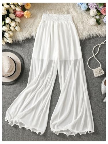 OYOANGLE Women's Shirred High Waisted Sheer Pants Ruffle Flowy Wide Leg Palazzo Trousers2