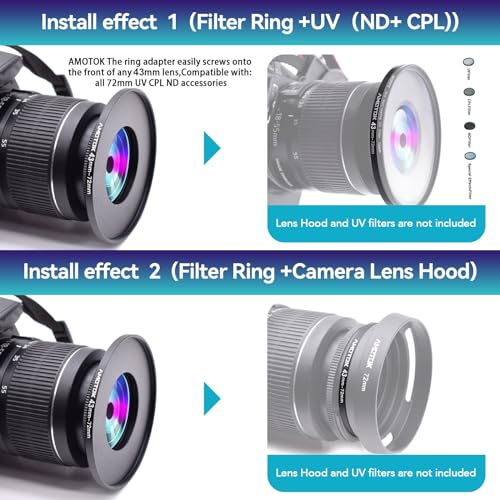 Anillo Adaptador de Lente 43 mm a 72 mm, Compatible con Todos los Lentes de Cámara de 43 mm y Filtros UV, CPL, ND y Sombreros de Lente de 72 mm miniatura 6