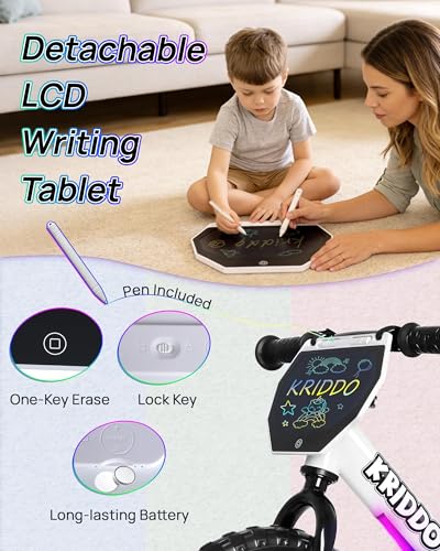 Image of KRIDDO Toddler Balance Bike 2 Years Old, 12-Inch Colorful Lighting-Up Push Bicycle with LCD Writing Tablet, Steady Balancing, Gift Bike for 2-5 Boys Girls, LED-White
