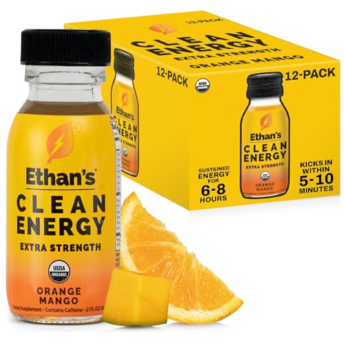 Image of Ethan's Organic Clean Energy Shots Orange Mango Extra Strength, 12 Pack of 2oz | 200mg Caffeine | Green Tea, Guayusa, Lion's Mane & Cordyceps | Sugar-Free, Vegan, Gluten-Free, USDA Organic