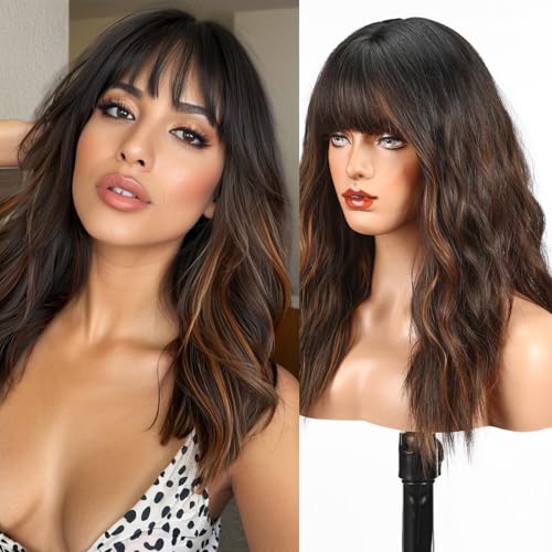WOKESTAR Long Wig with Fringe Synthetic Wavy Wigs for Women Brown with Highlights Color