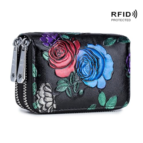 Women's Leather Color Block Wallet RFID Blocking Large Capacity Double Zip Floral Hand Painted Embossed Clutch Purse (Blue)2