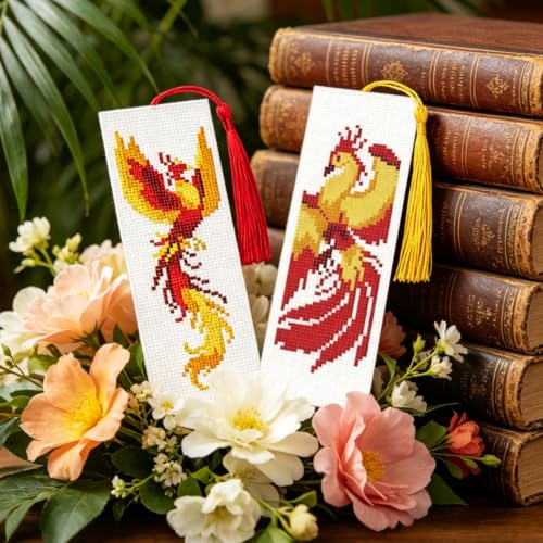 Image of ACRNIGHEET 6PCS Cross Stitch Bookmark Kit for Beginner Stamped Cross Stitch Kits for Adults Phoenix DIY Tassel Embroidery Bookmark Kits Needlepoint Kit with Instructions Craft Gift 8.5''x3'' 11CT