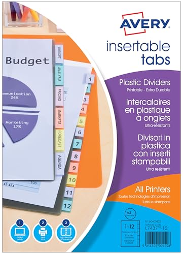 AVERY - Intercalaires à onglets personnalisables et imprimables, 12 touches, Format A4+ (permet de classer des pochettes perforées), En polypropylène...