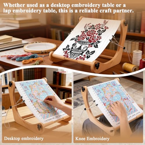 Image of ZOCONE Multifunctional Beech Wood Embroidery Hoop Stand, Adjustable Embroidery Stand 360 Degrees Rotated Cross Stitch Stand, Embroidery Hoop Holder for Cross Stitch and Embroidery Project (C)