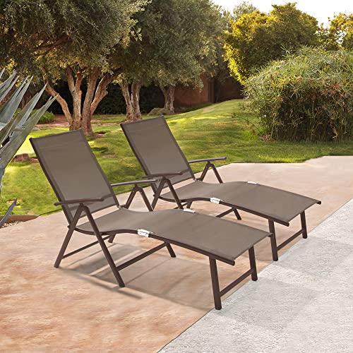 Crestlive Products Folding Patio Chaise Lounge Chair For Outside, Set Of 2, Aluminum Adjustable Outdoor Pool Recliner Chair, Brown Frame, 8 Positions (2 Pcs Brown) #TOP3