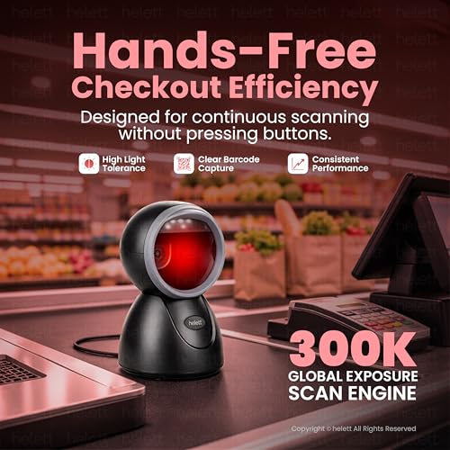Image of Helett HT15 Hands-Free 2D & 1D USB Desktop Barcode Scanner for Retail & POS | 300K CMOS Global Exposure Engine | Large Scan Window, Fast Scanning, Buzzer LED, 640x480, Strong ABS, 1Yr Warranty(Black)