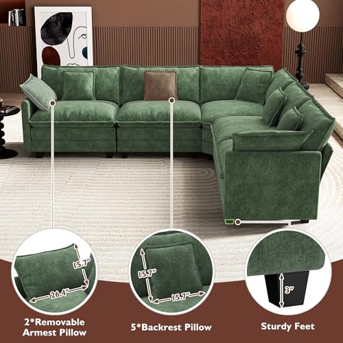 Image of Ihanherry 114 inch V-Shaped Modern Sofa Modular Sectional Cloud Couch with Corner Section, 5-Seat Chenille Deep Seat Sofa with 5 Pillows for Living Room, Bedroom and Apartment, Green