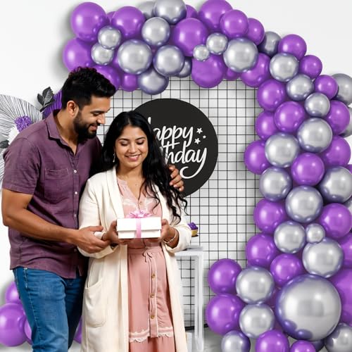 Image of Party Propz Silver and Purple Balloons For Birthday Decoration - 50 pcs Purple and Silver Balloons For Decoration | Metallic Balloons For Decoration | Happy Birthday Balloon Decoration Kit (Latex)