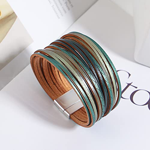 Hotoo Handmade Layered Green Leather Bracelets Wrap For Women Stackable Chunky Colored Men Cuff Bracelet Wristband Bangle Gifts #TOP4