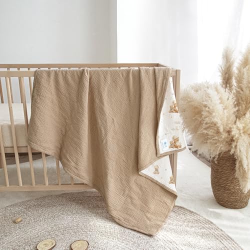 Image of lulumoon Muslin Baby Blanket Neutral - Breathable Cotton Crib Bedding for Toddler - 4 Layer Soft Lightweight for Stroller and Daycare 47 inchx47 inch (Bear)