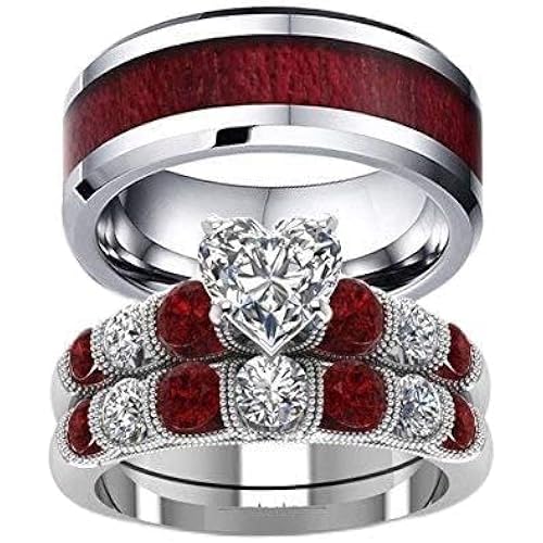 Couple Ring Bridal Set His Hers White Gold Plated White CZ Stainless Steel Wedding Ring Band Set