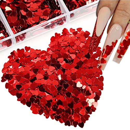 6 Grids Heart Nail Sequins 3D Holographic Nail Glitter Flakes Acrylic Nail Art Supplies Red Love Hearts Shaped Nail Glitter Sequins Valentine's Day Nail Decals For Women Diy Manicure Decorations #TOP3