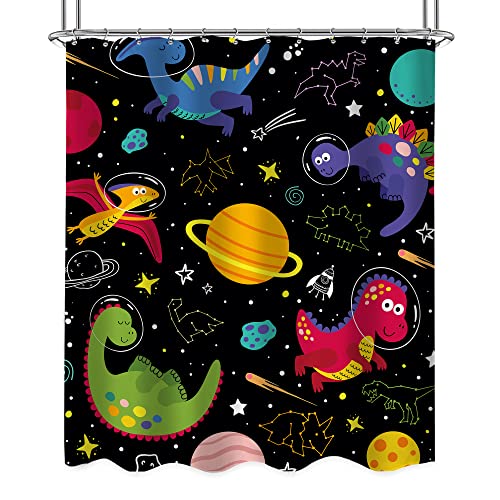 Riyidecor Kids Dinosaur Shower Curtain 60Wx72H Inch Boys Girls Dino In Space Cute Cartoon Starry Nebula Galaxy Universe Planet Outer Space Bathroom Decor Fabric Polyester Waterproof 12 Pack Hooks #TOP5