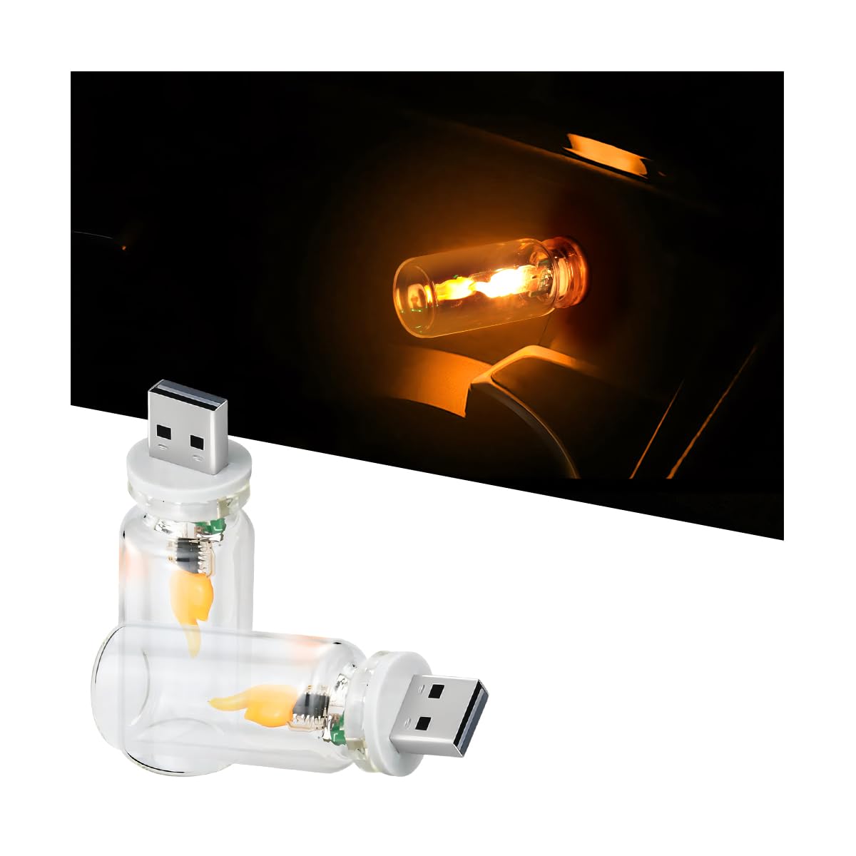 Luces LED USB de llama para automóvil, 2 unidades, mini lámpara ambiental enchufable con atenuación táctil, luz nocturna de botella de vidrio transparente para interior de automóvil, universal