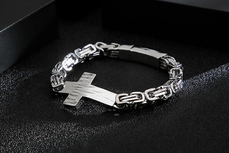 Men's Stainless Steel Cross Bracelet Punk Style Link Chain Silver Bracelet for Men, Fashion Religious Jewelry with Push Clasp Cool Bangle Gift for Boyfriend Husband - Image 2
