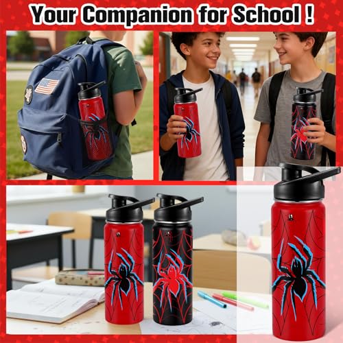 Image of Bokon 2 Pcs Spider Water Bottle with Straw Lid 16 oz Insulated Red Black Stainless Steel 18 /8 Spiderweb Vacuum Cups Tumbler for Travel Outdoor Family Friend Gifts, Leak Proof Lid Design(Vivid)