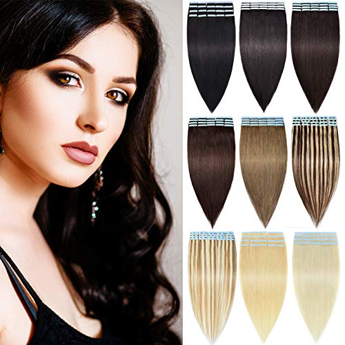 DILUSILK Tape in Hair Extensions Human Hair 100% Remy Hair 20pcs 50g Seamless Skin Weft 18 inch #1 Jet Black