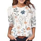 3/4 Arm Shirt Damen Party - Lässiges Damen T Shirt mit Blumendruck Rundhalsausschnitt 3/4 Ärmel lockere Passform 3/4 Arm Shirt Damen Sommer