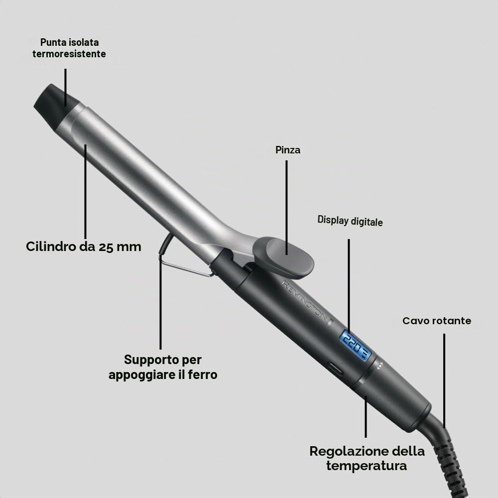 Remington Ferro arricciacapelli 25mm - Pro Soft Curl Digital:protezione 4 volte, rivestimento antistatico in tormalina ceramica - Display LCD 130-220°C, ricci medi morbidi e naturali, CI6525